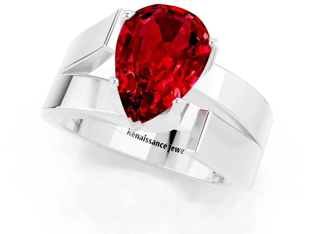 Modern Tension Set Pear Cut Ruby Solitaire Wide Band Ring Platinum