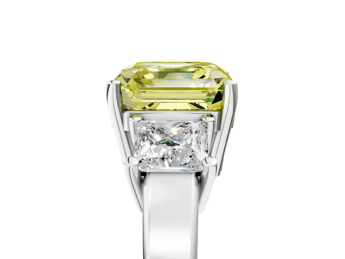 Fancy Yellow Three-Stone Asscher Cut Cut Solitaire Ring with Prong Setting Platinum