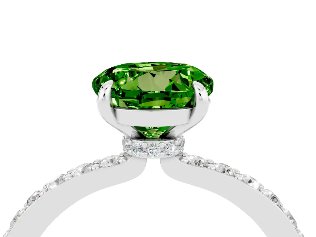 Round Cut Peridot Solitaire Engagement Ring with Pavé Band and Four-Prong Setting Platinum