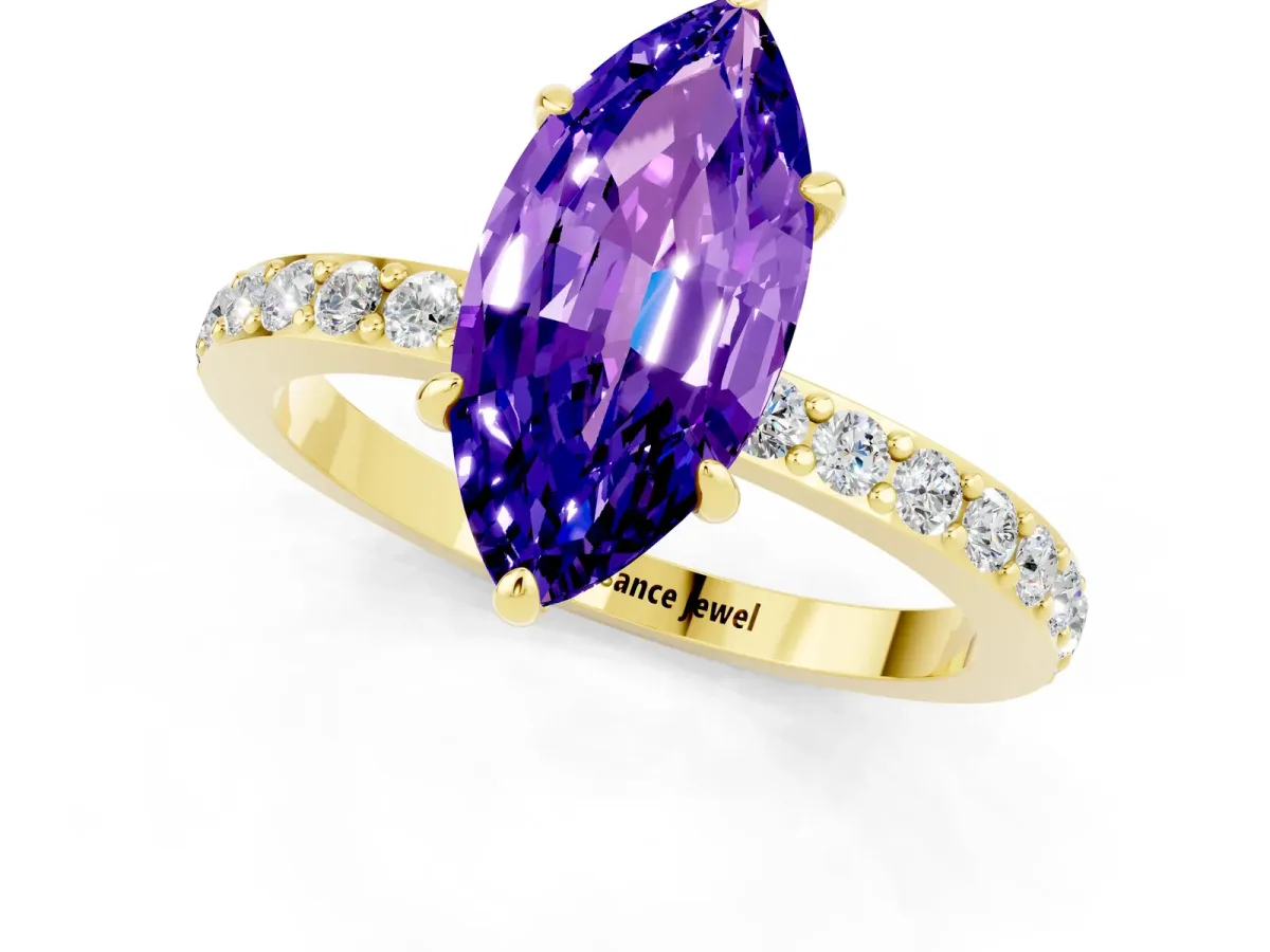 Marquise Cut Tanzanite Solitaire Engagement Ring with Pavé Band and Four-Prong Setting Yellow gold