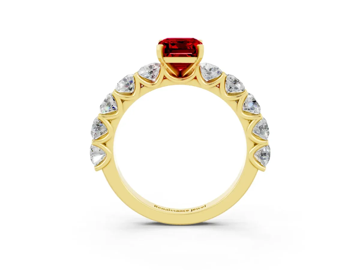 Emerald Cut Ruby Prong Setting with Side Stones on a Pave Band Yellow gold