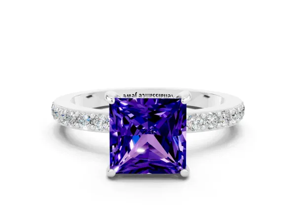 Princess Cut Tanzanite Solitaire Engagement Ring with Pavé Band and Four-Prong Setting Platinum
