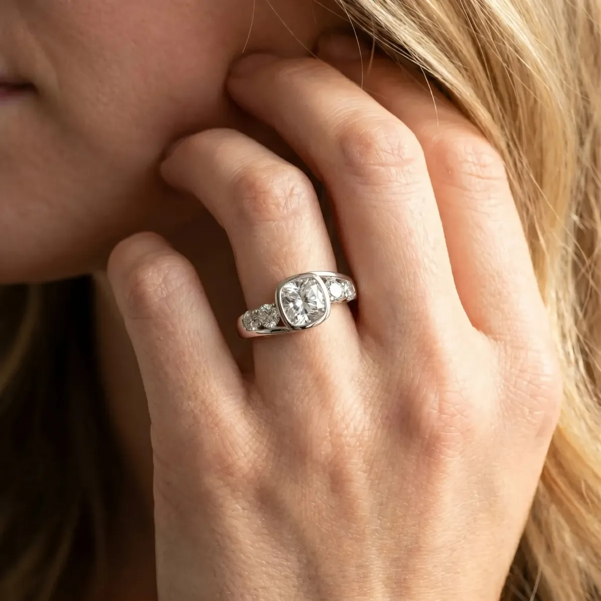 Bezel Set Cushion Cut Diamond Bypass Ring with Round Accents Silver