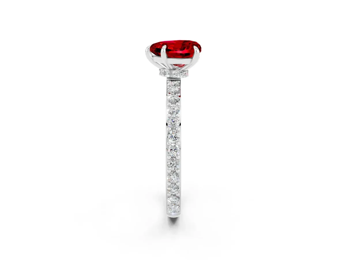 Heart Cut Ruby Solitaire Engagement Ring with Pavé Band and Four-Prong Setting White gold