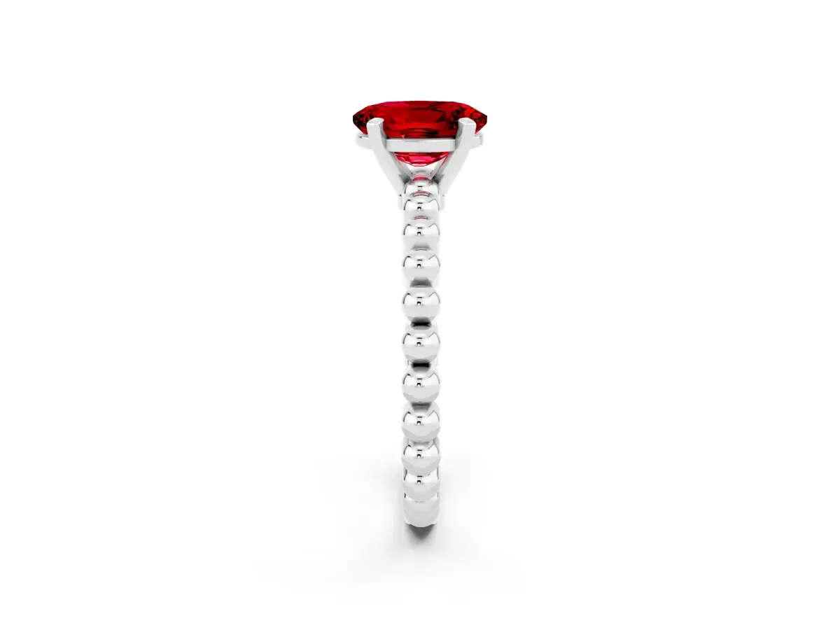 Oval Cut Ruby Solitaire Ring with Beaded Band and Prong Setting White gold