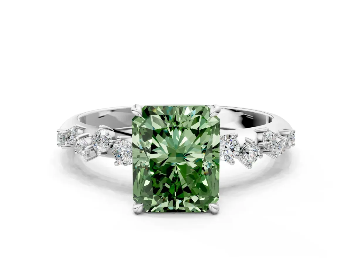 Fancy Green Radiant Cut Diamond Cluster Side Stone Solitaire Ring with Prong Setting Platinum