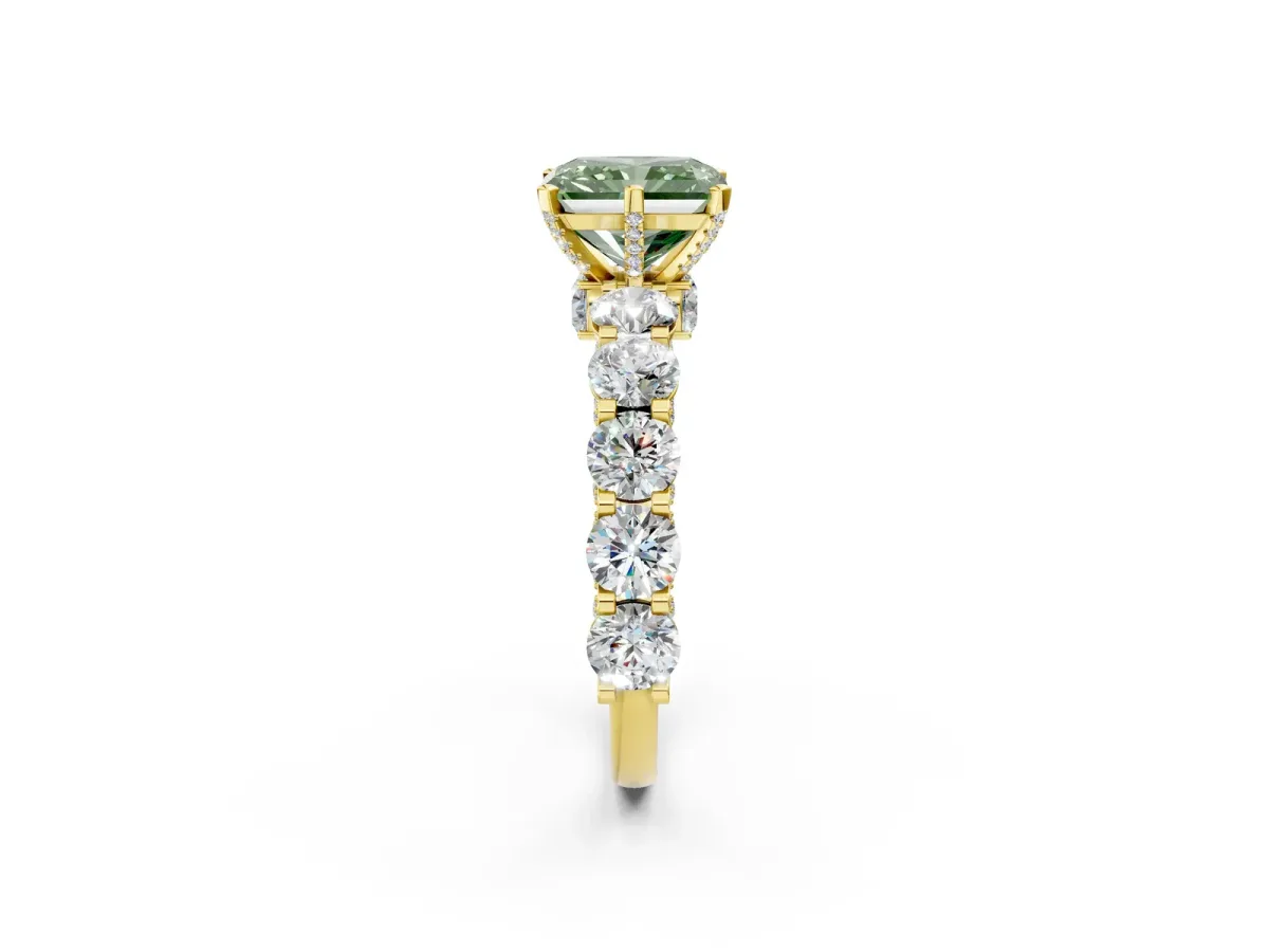 Fancy Green Radiant Cut Diamond Side Stone Engagement Ring with Four-Prong Setting Yellow gold