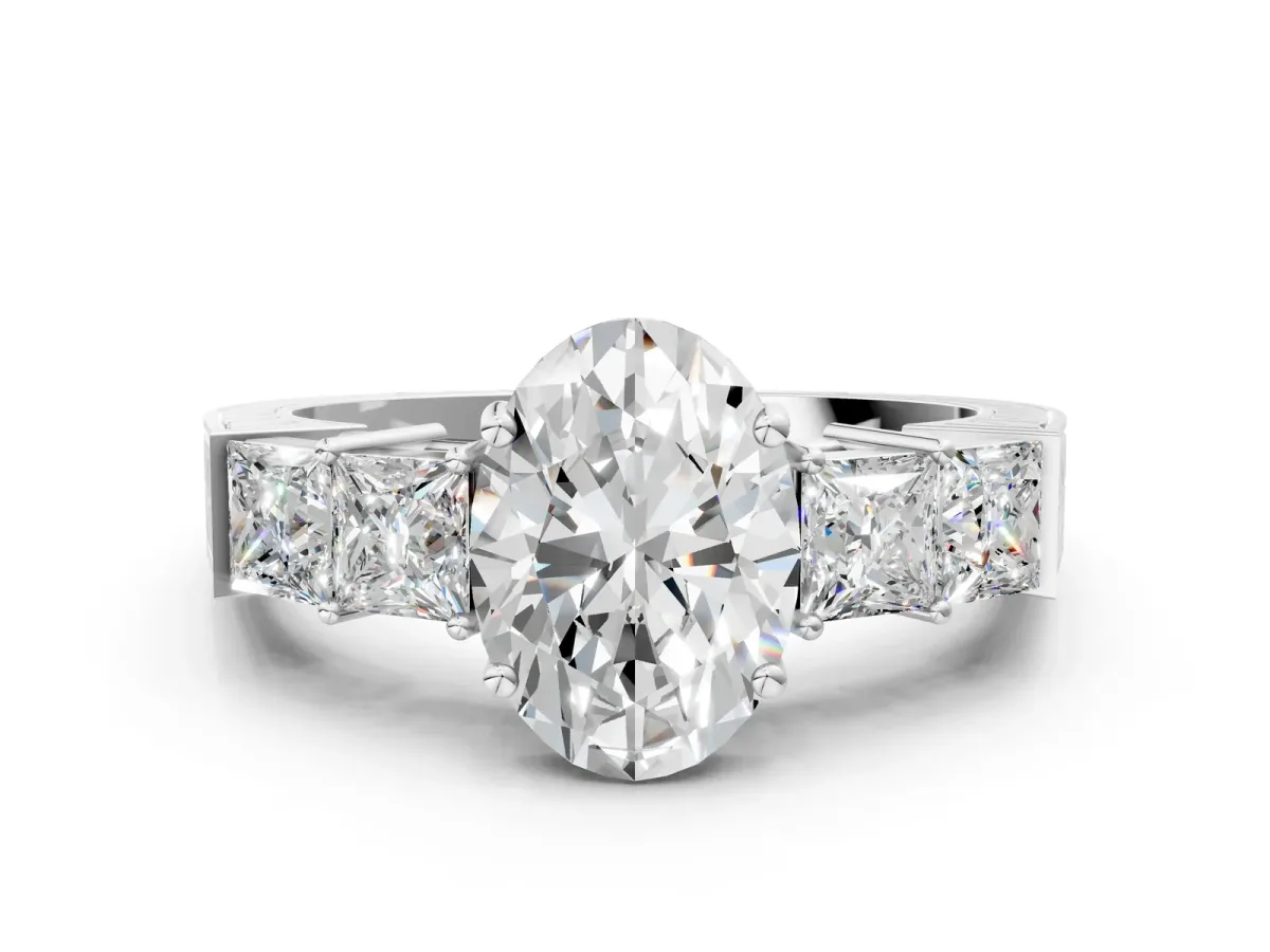 Oval Cut Solitaire Princess Side Stone Engraved Band Prong Setting Ring Platinum