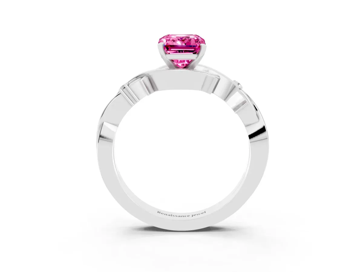 Emerald Cut Pink Sapphire Solitaire Ring with Twisted Band and Prong Setting Silver