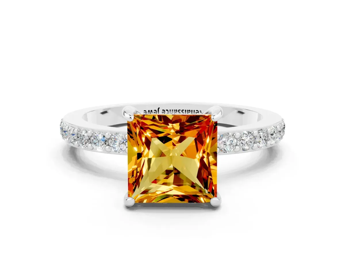 Princess Cut Citrine Solitaire Engagement Ring with Pavé Band and Four-Prong Setting White gold