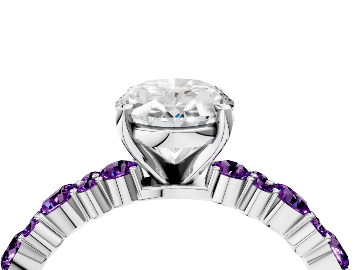 Oval Cut Diamond Side Stone Solitaire Ring with Round Amethyst and Four-Prong Setting Silver