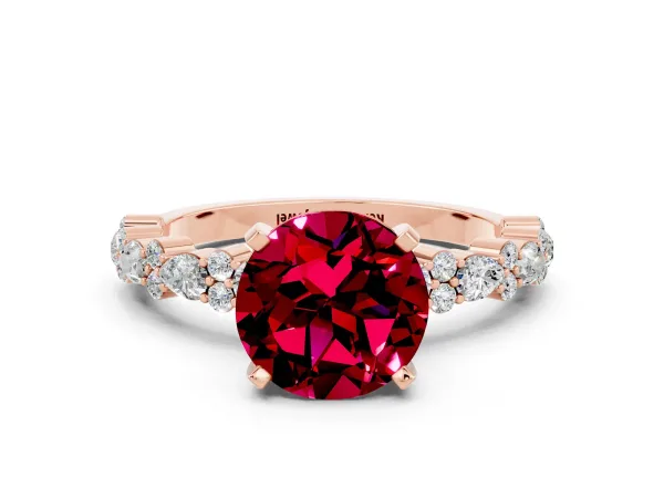 Round Cut Garnet Side Stone Solitaire Ring with Round and Four-Prong Setting Rose gold