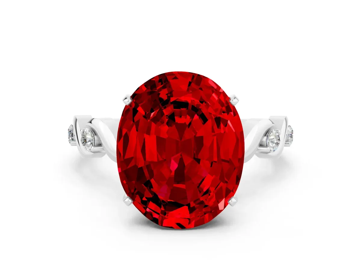 Oval Cut Ruby Solitaire Twisted Band with Round Accents and Prong Setting Platinum