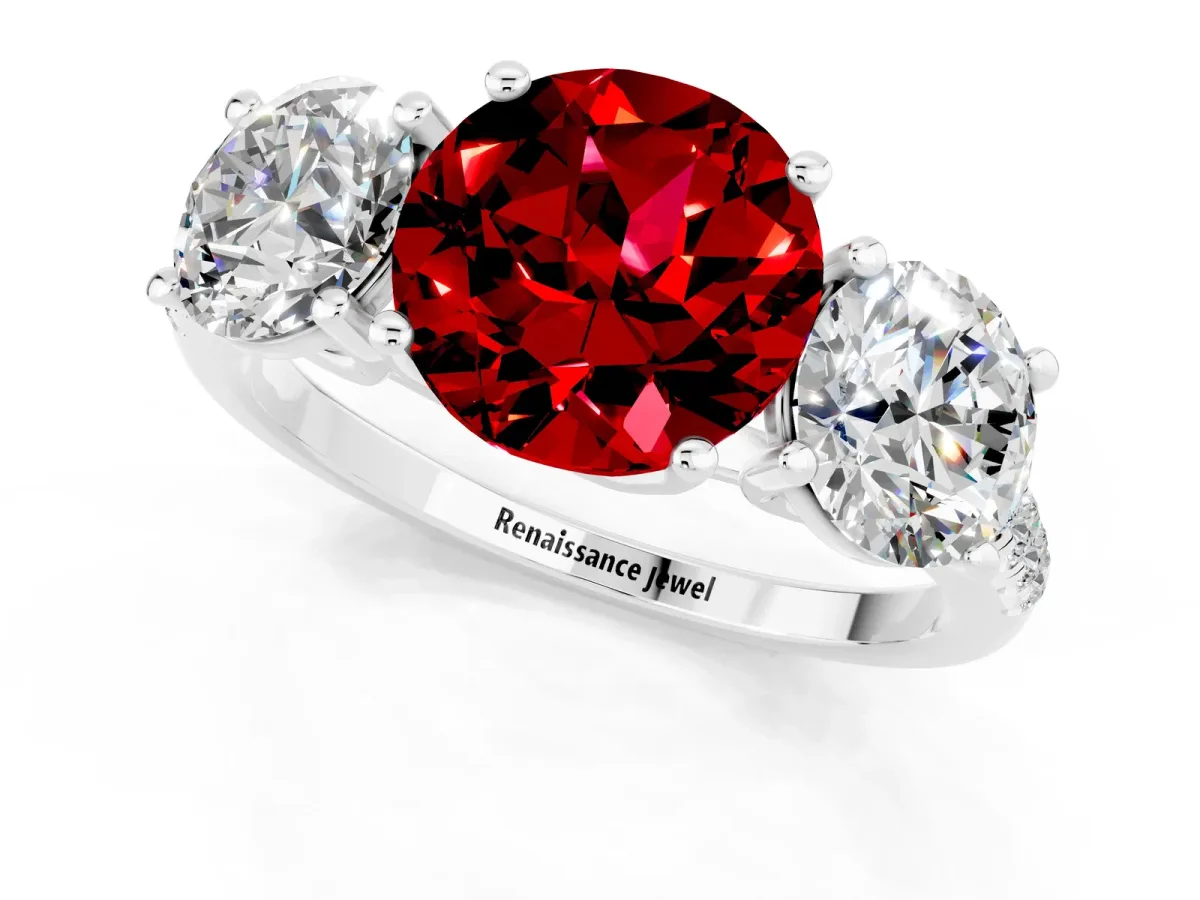 Three-Stone Round Cut Ruby Ring with Round Pavé Band and Prong Setting Silver