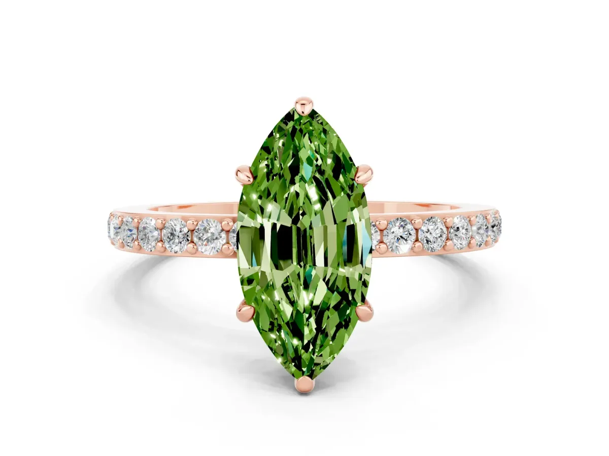 Marquise Cut Peridot Solitaire Engagement Ring with Pavé Band and Four-Prong Setting Rose gold