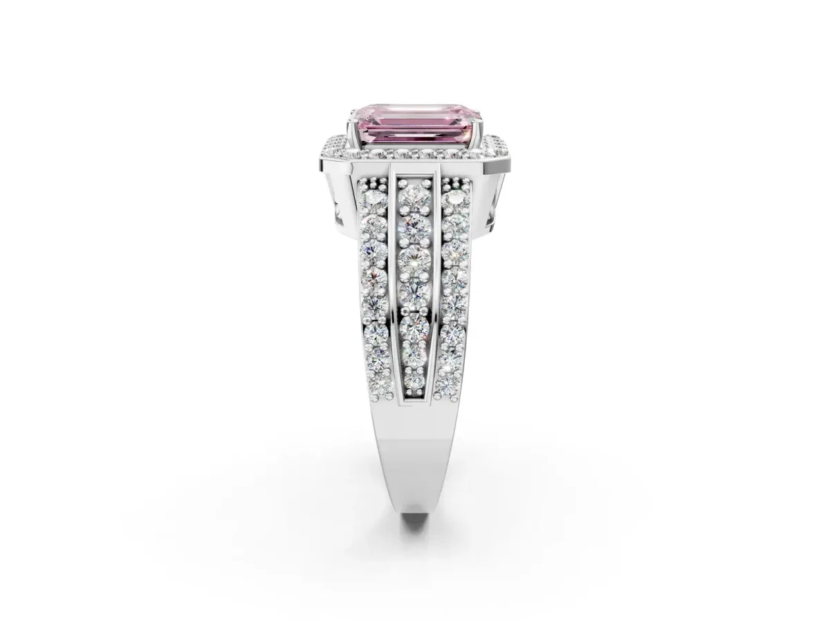 Fancy Pink Emerald Cut Halo Diamond Ring with Round Split Shank and Prong Setting White gold