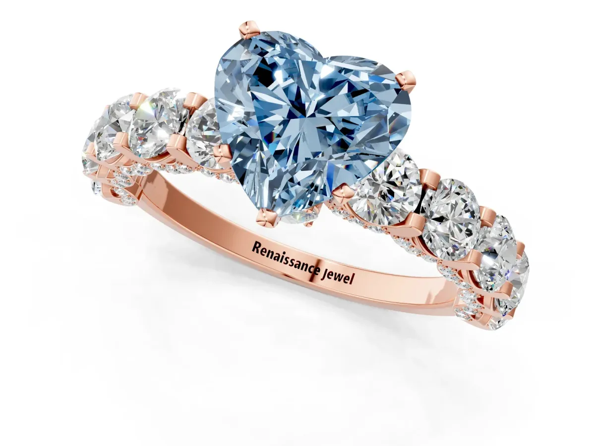Fancy Blue Heart Cut Diamond Side Stone Engagement Ring with Four-Prong Setting Rose gold