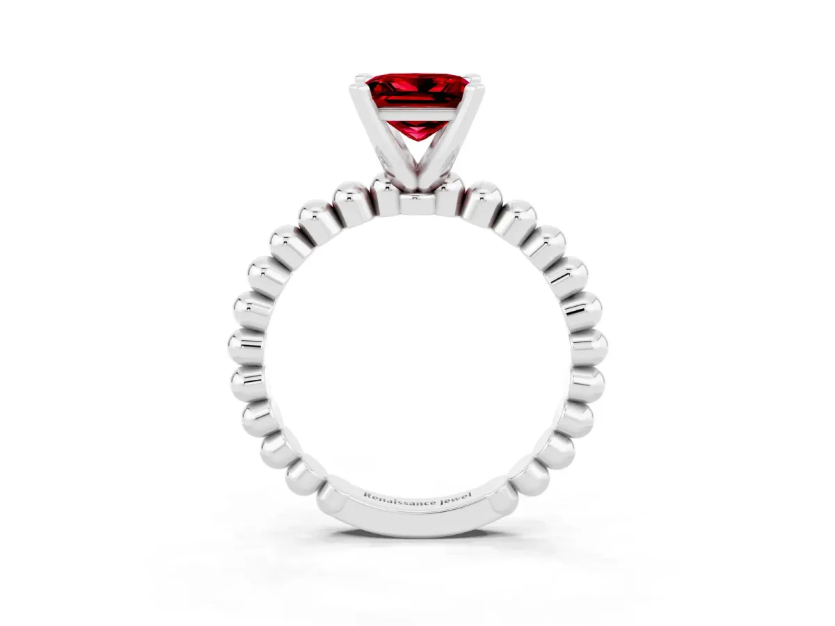 Princess Cut Ruby Solitaire Ring with Beaded Band and Prong Setting Silver