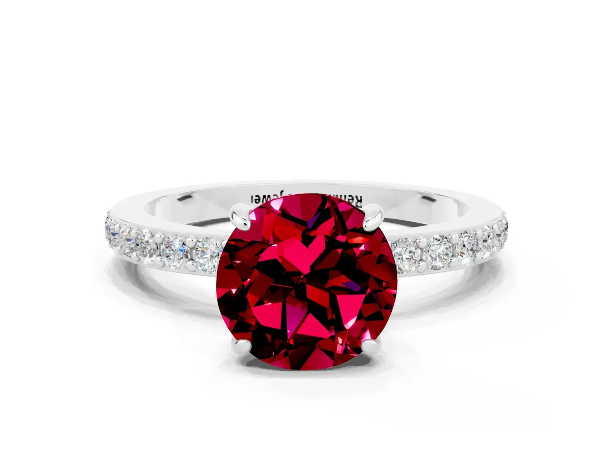 Round Cut Garnet Solitaire Engagement Ring with Pavé Band and Four-Prong Setting Platinum