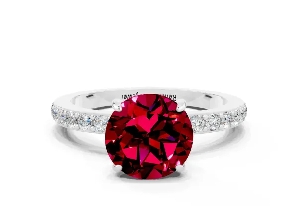 Round Cut Garnet Solitaire Engagement Ring with Pavé Band and Four-Prong Setting Platinum