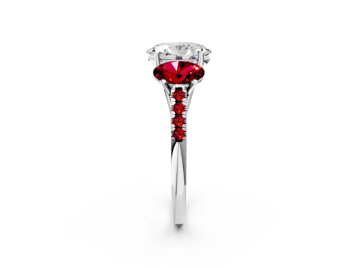 Three-Stone Oval Cut Diamond Ring with Round Ruby Pavé Band and Prong Setting Silver