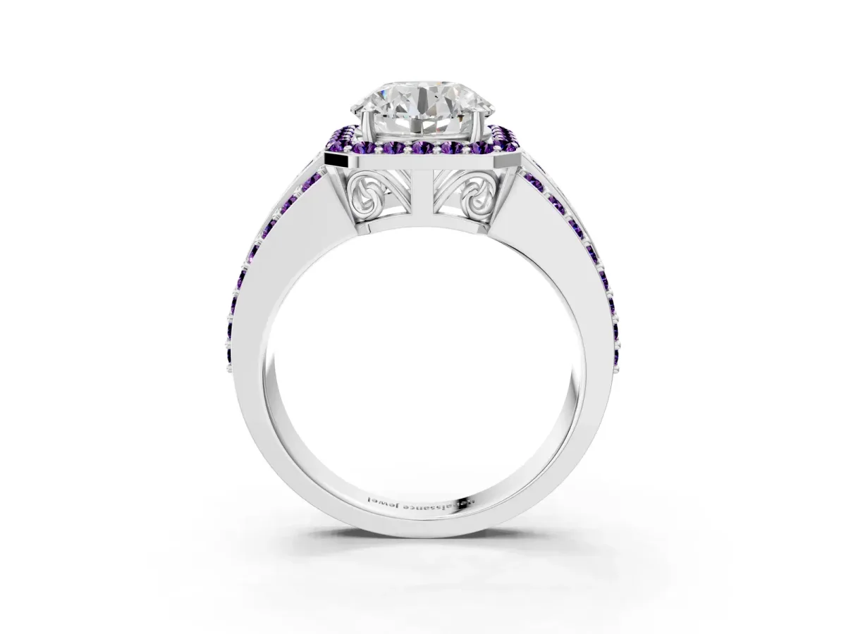 Round Cut Halo Diamond Ring with Round Tanzanite Split Shank and Prong Setting Silver