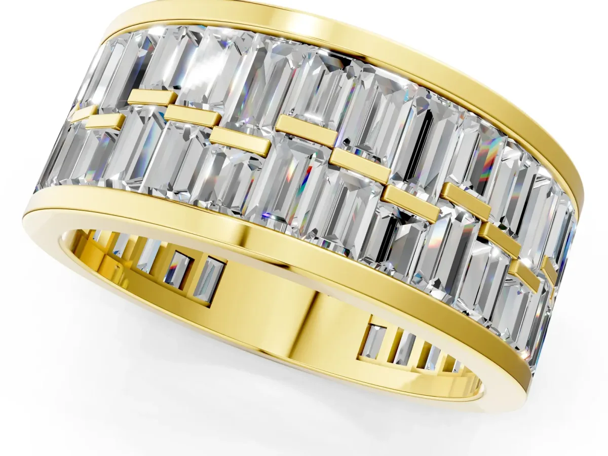 Baguette Diamond Staggered Two-Row Mens Band Yellow gold