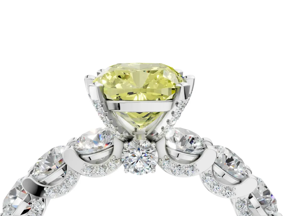 Fancy Yellow Cushion Cut Diamond Side Stone Engagement Ring with Four-Prong Setting White gold
