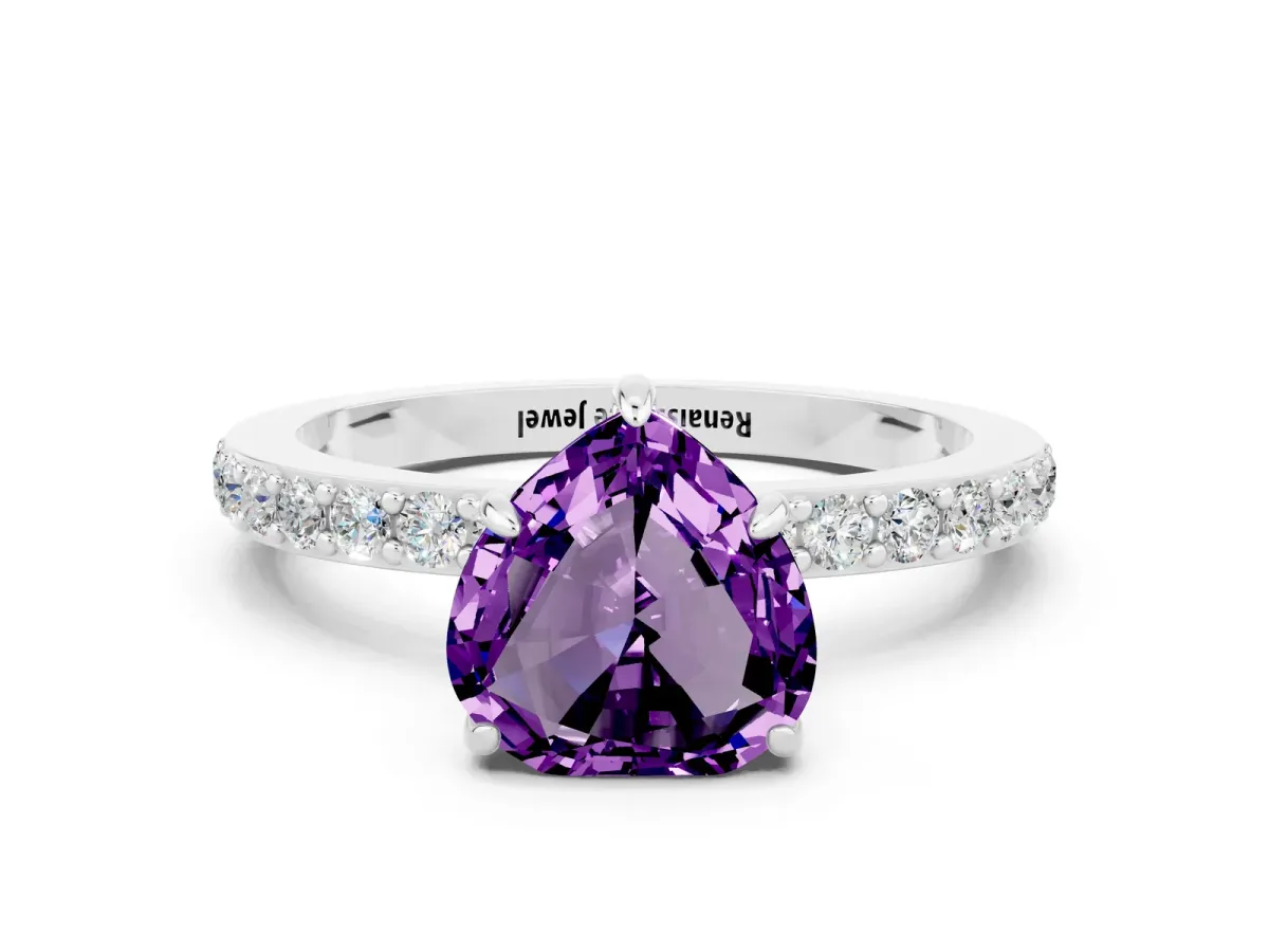 Heart Cut Amethyst Solitaire Engagement Ring with Pavé Band and Four-Prong Setting Platinum