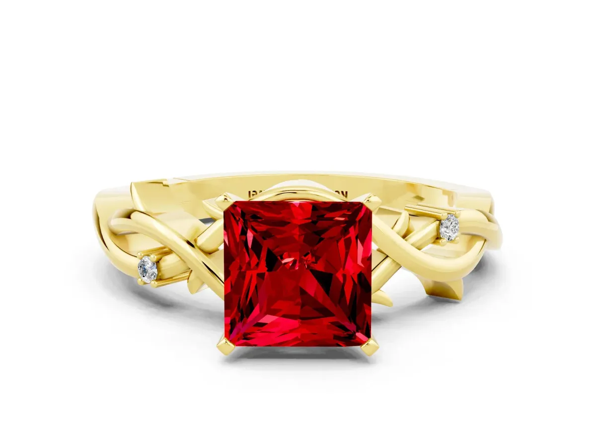 Princess Cut Ruby Solitaire Ring with Twisted Band and Prong Setting Yellow gold