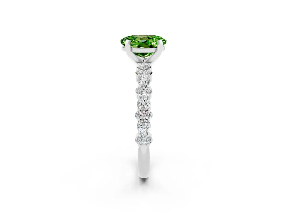 Oval Cut Peridot Side Stone Solitaire Ring with Round and Four-Prong Setting Platinum