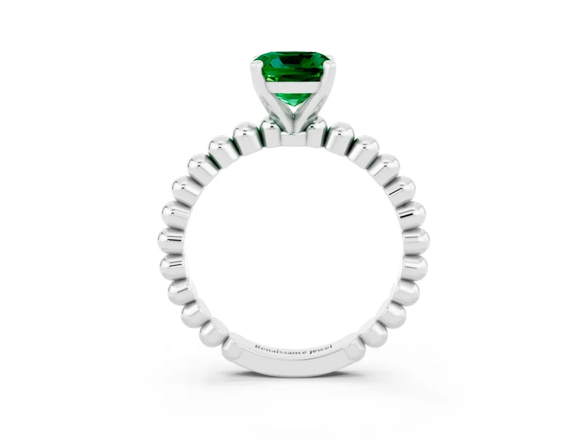 Cushion Cut Emerald Solitaire Ring with Beaded Band and Prong Setting Silver