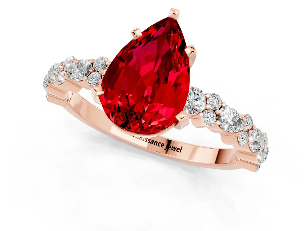 Pear Cut Ruby Side Stone Solitaire Ring with Round and Four-Prong Setting Rose gold