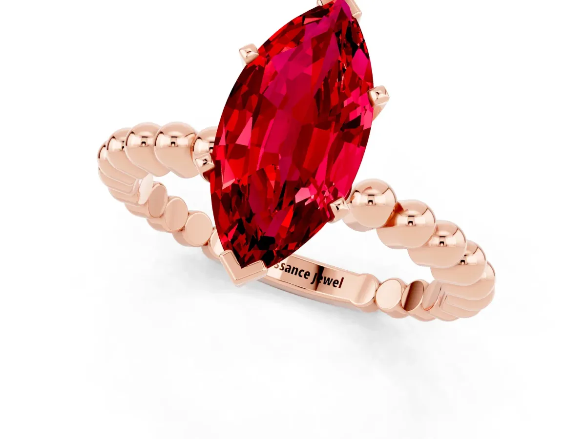 Marquise Cut Ruby Solitaire Ring with Beaded Band and Prong Setting Rose gold