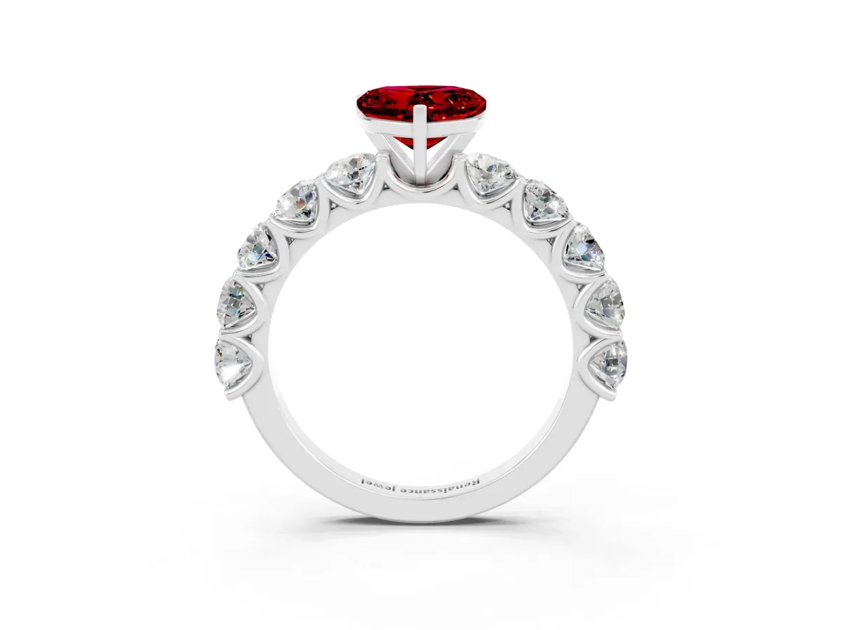 Heart Cut Ruby Prong Setting with Side Stones on a Pave Band Silver