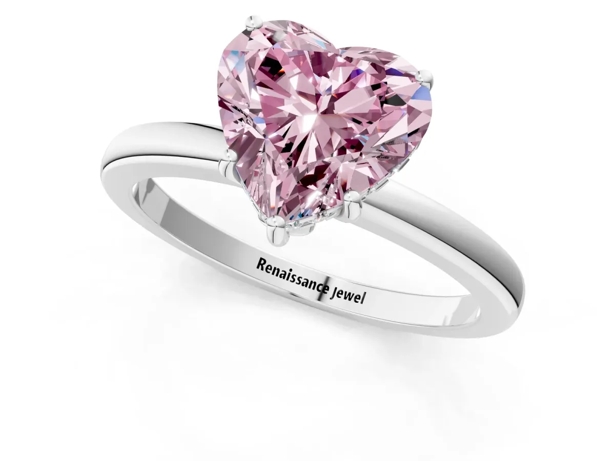 Fancy Pink Heart Cut Solitaire Diamond Ring with Prong Setting and Plain Band Silver