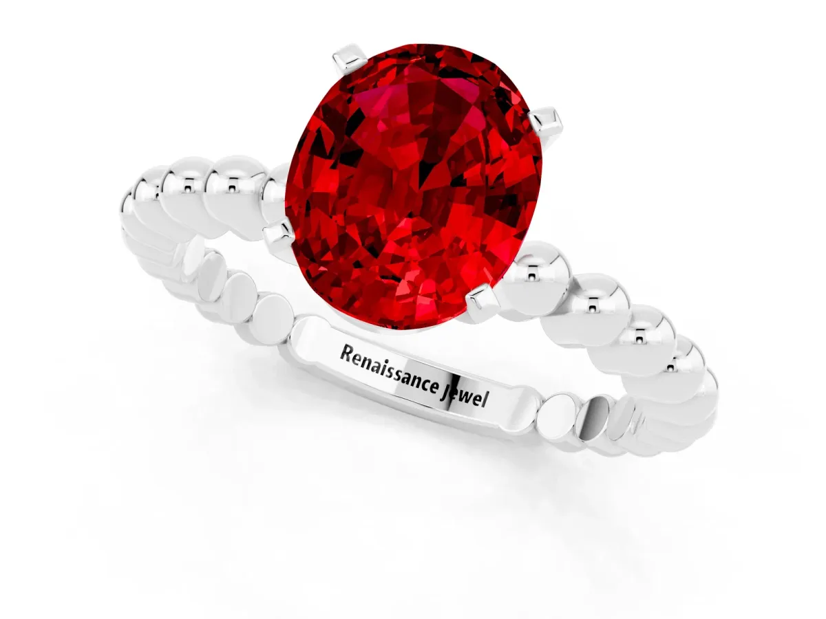 Oval Cut Ruby Solitaire Ring with Beaded Band and Prong Setting White gold