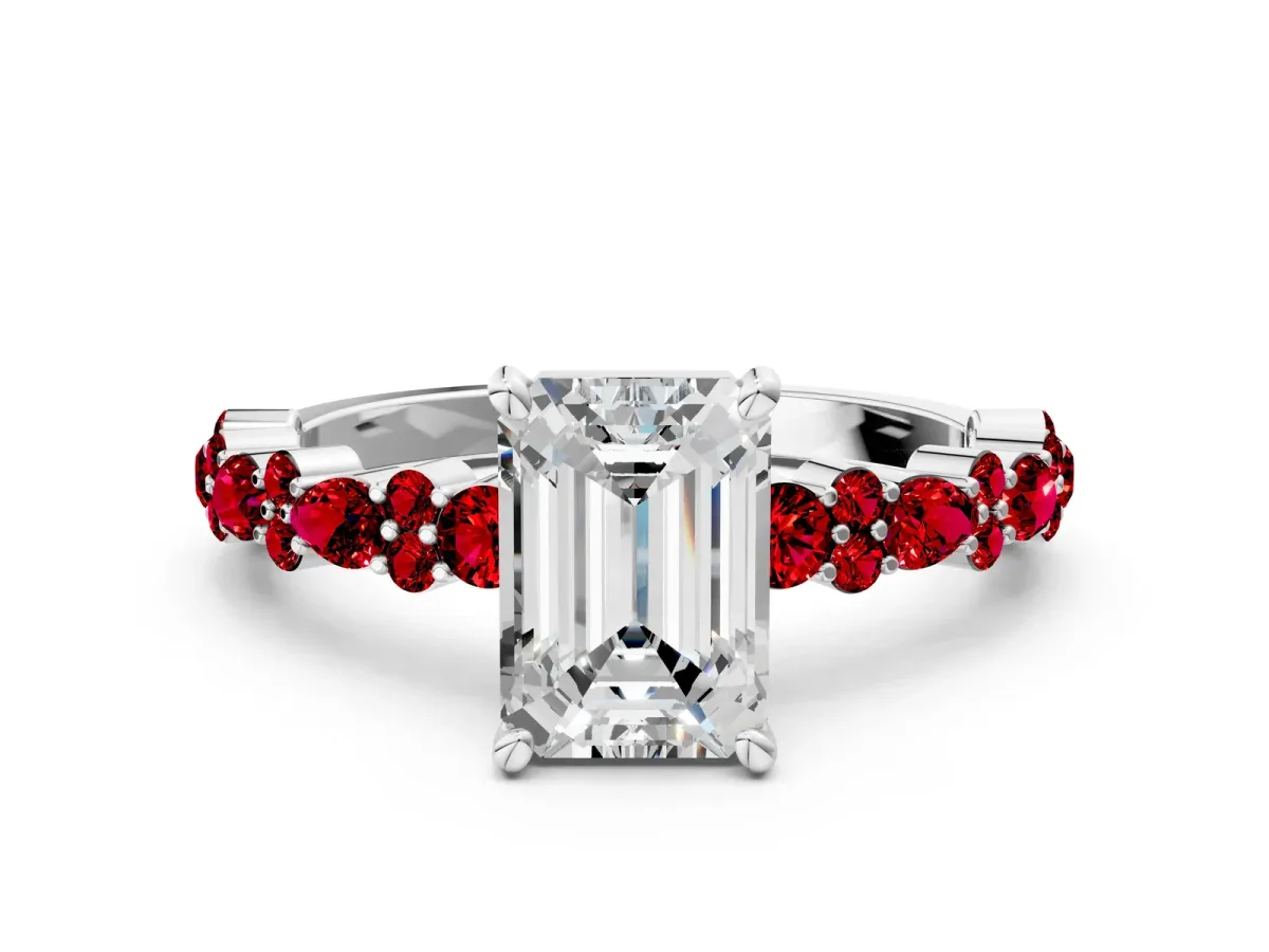 Emerald Cut Diamond Side Stone Solitaire Ring with Round Ruby and Four-Prong Setting Silver
