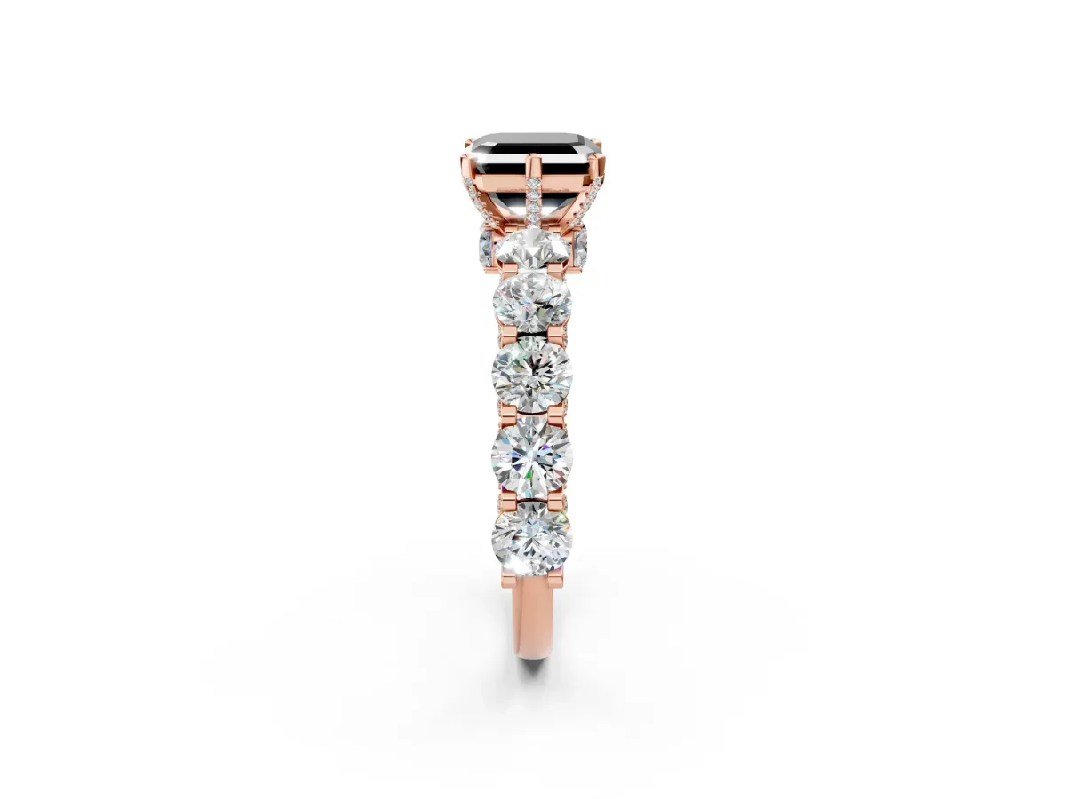 Fancy Black Asscher Cut Diamond Side Stone Engagement Ring with Four-Prong Setting Rose gold