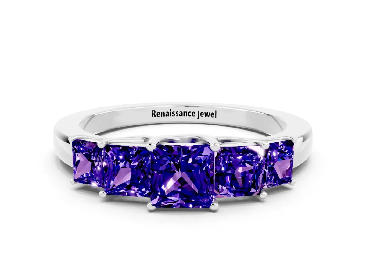 Princess Cut Five-Stone Tanzanite Ring with Classic Prong Setting Platinum