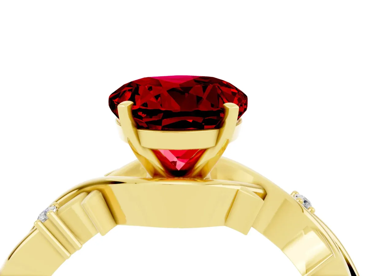 Round Cut Ruby Solitaire Ring with Twisted Band and Prong Setting Yellow gold
