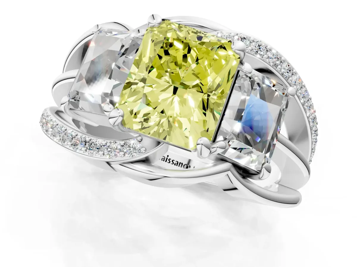 Fancy Yellow Three-Stone Radiant Cut Cut Diamond Split Shank Prong Set Ring Platinum