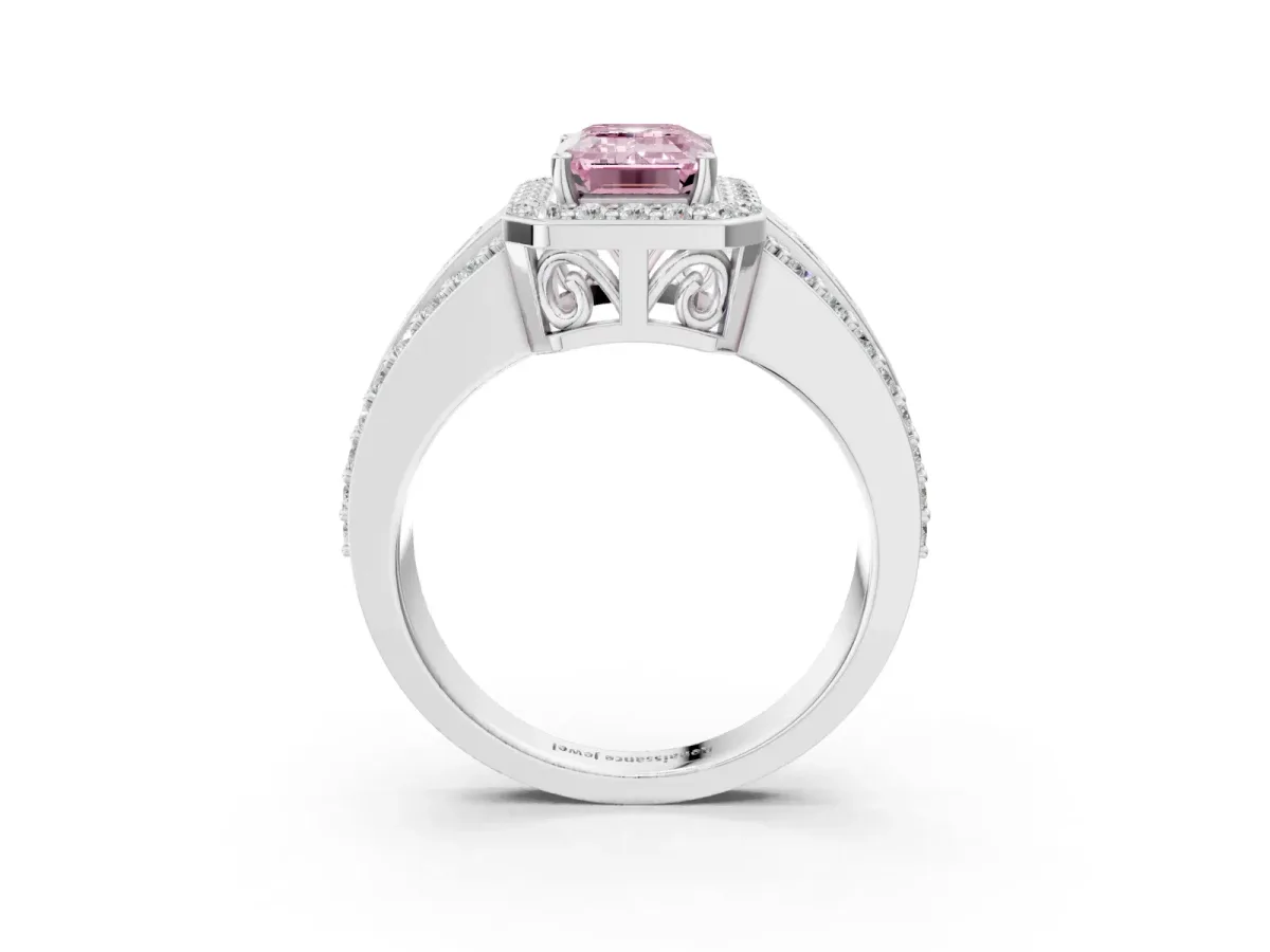 Fancy Pink Emerald Cut Halo Diamond Ring with Round Split Shank and Prong Setting White gold