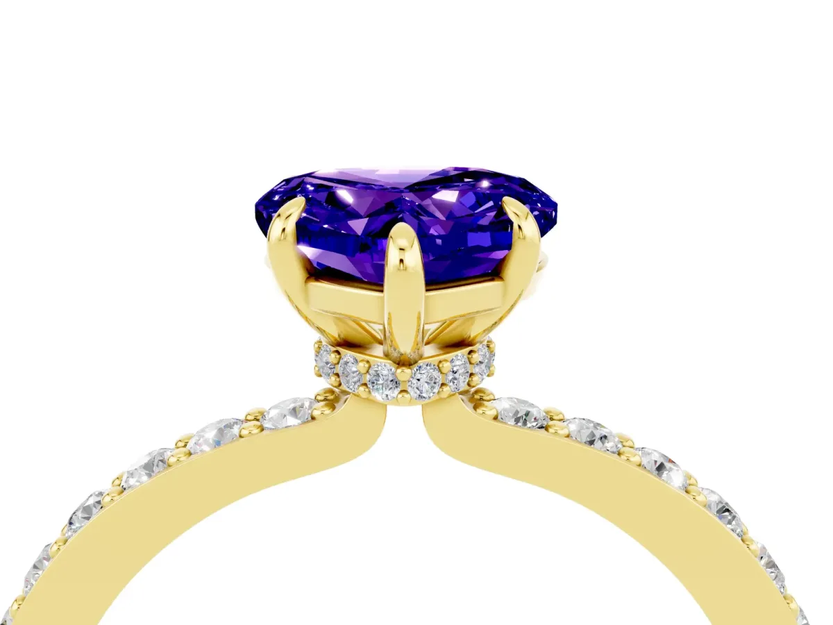 Heart Cut Tanzanite Solitaire Engagement Ring with Pavé Band and Four-Prong Setting Yellow gold