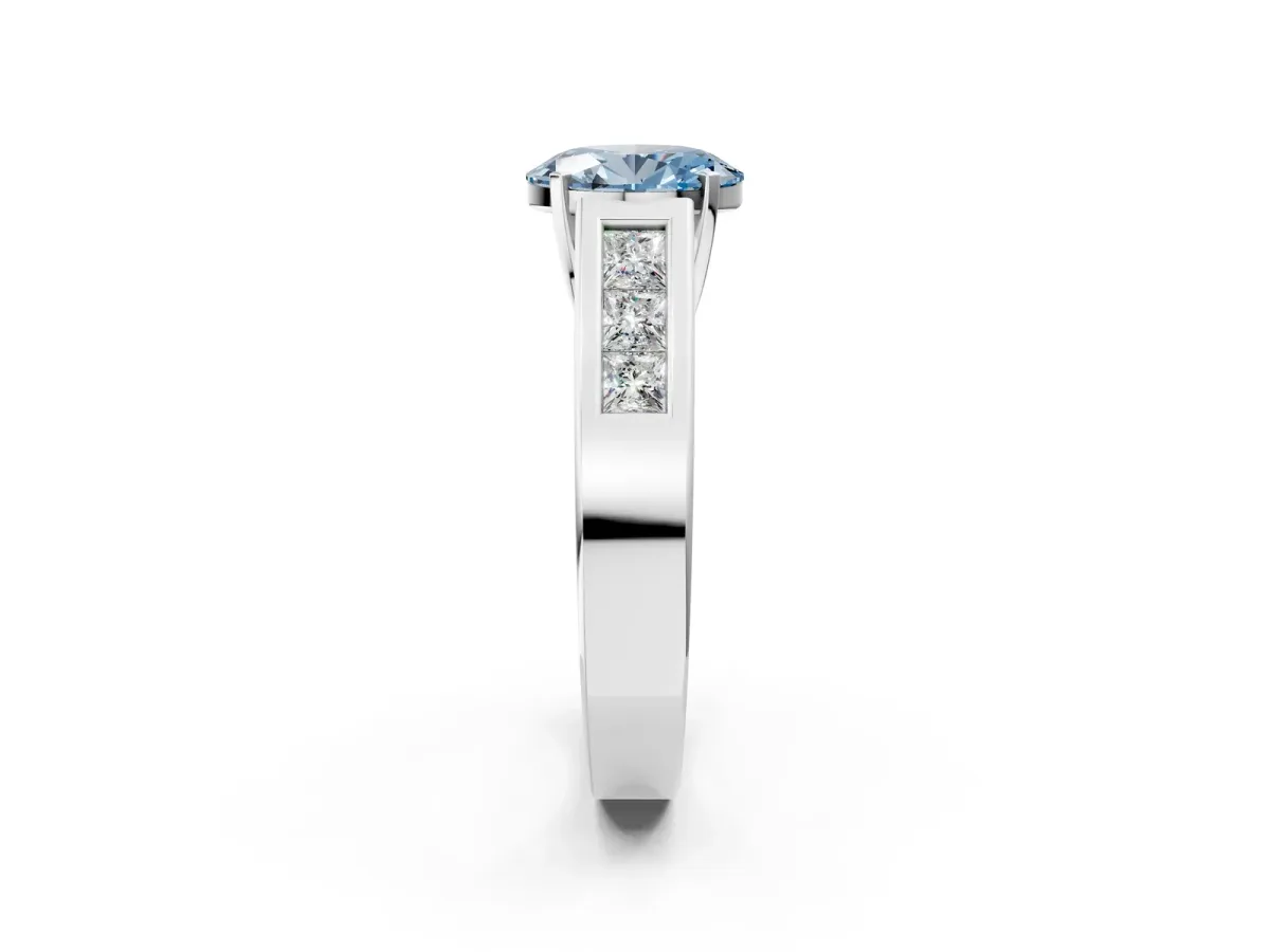 Fancy Blue Oval Cut Cut Channel Set Solitaire Ring with Four-Prong Setting Silver
