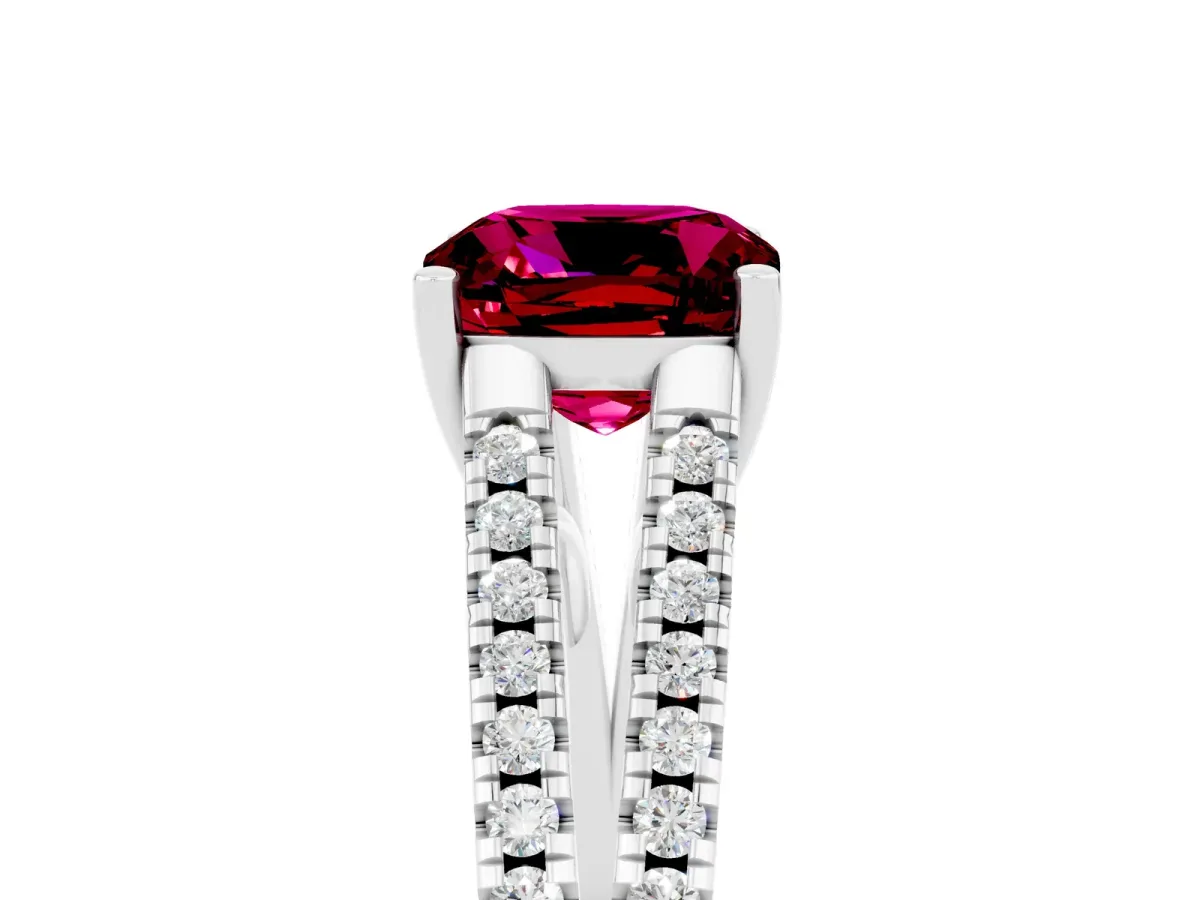 Cushion Cut Garnet Solitaire Engagement Ring with Split Shank Pavé Band Silver