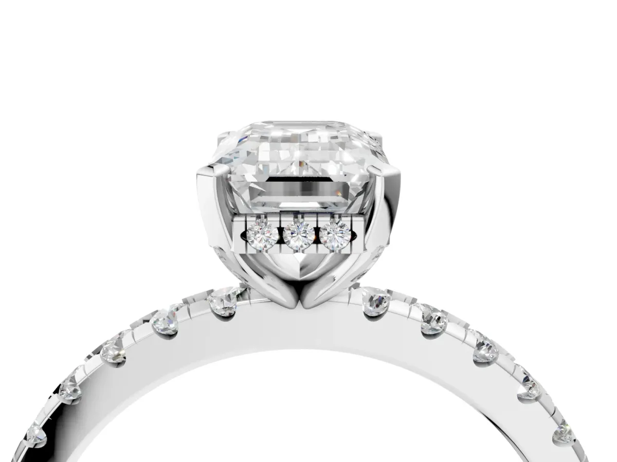 Emerald Cut Diamond Solitaire Ring with Round Pavé Band and Four-Prong Setting Silver