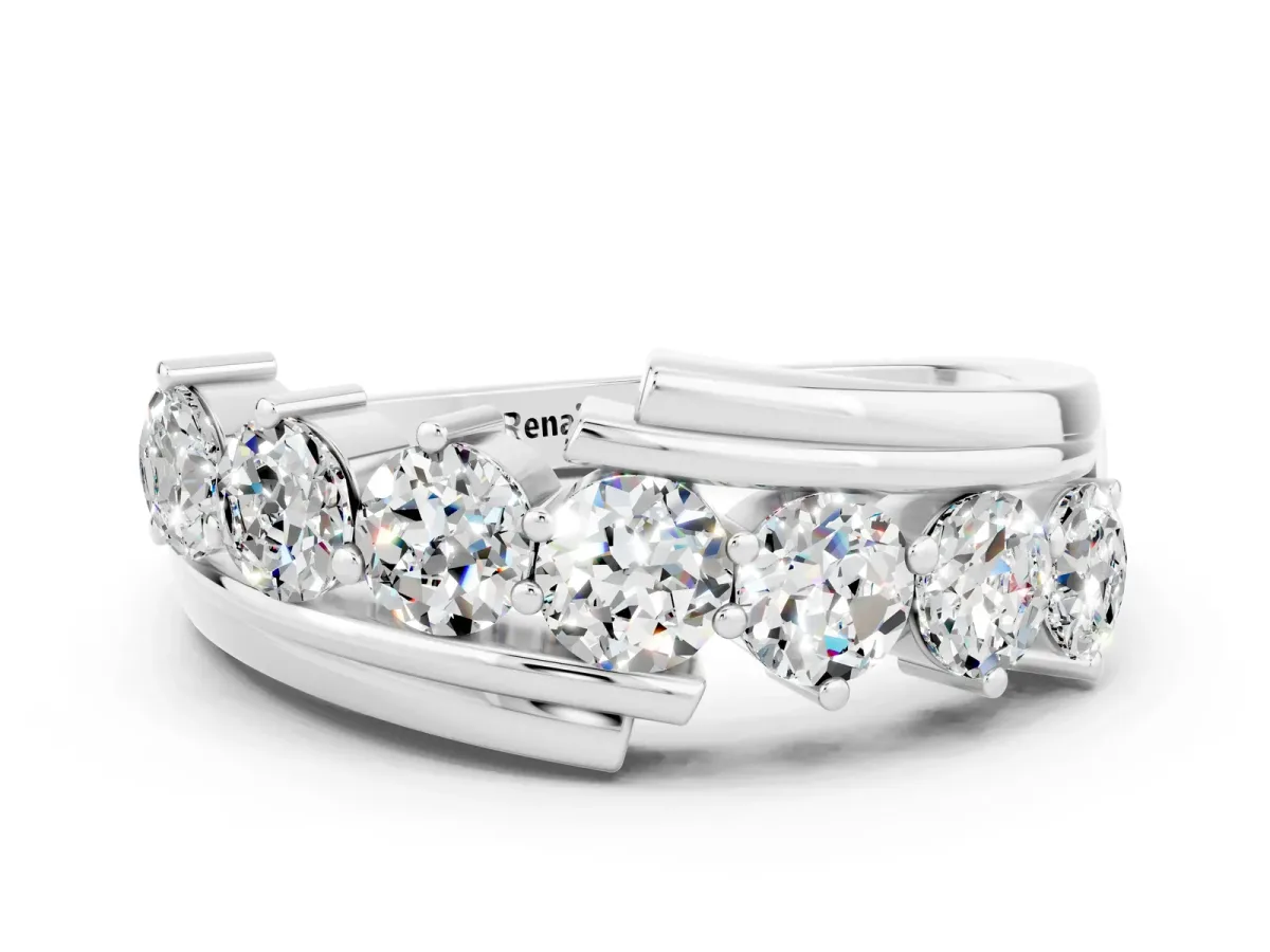 Round Moissanite Wave Band with Channel and Shared Prong Setting Silver