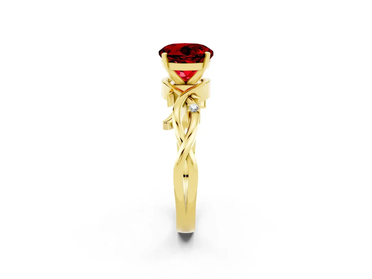 Round Cut Ruby Solitaire Ring with Twisted Band and Prong Setting Yellow gold