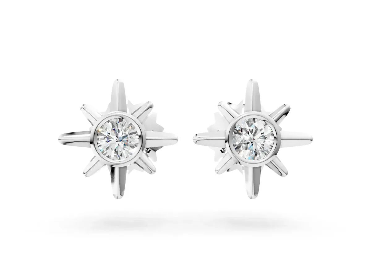 Round Diamond Sol Starburst Stud Earrings Platinum
